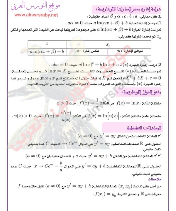 ملخص لأهم معارف الدالة اللوغارتمية والمعادلات التفاضلية من الشكل y'=ay+b مرفق بمجموعة من التمرينات على الصور التالية، ملخص الدالة اللوغارتمية 3 ثانوي بكالوريا رياضيات 2023